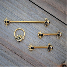 Load image into Gallery viewer, 14G Clear Black Gem Gold Tone Bug Out Bee Insect Industrial Barbell 38mm