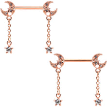 Load image into Gallery viewer, 14G 9/16 Clear Gem Rose Gold Tone Moon Barbell Nipple Ring Set