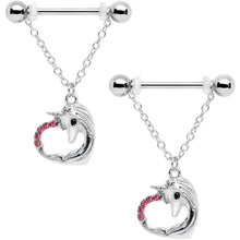 Load image into Gallery viewer, 14G 5/8 Pink Gem Unicorn Heart Dangle Barbell Nipple Ring Set