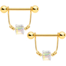 Load image into Gallery viewer, 14G 5/8 Clear Gem Gold Tone Cube Dangle Nipple Ring Set