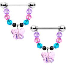 Load image into Gallery viewer, 14G 5/8 Pink Blue Purple Gem Butterfly Dangle Barbell Nipple Ring Set
