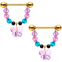 Load image into Gallery viewer, 14G 5/8 Pink Blue Gem Gold Tone Butterfly Dangle Barbell Nipple Ring Set