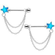 Load image into Gallery viewer, 14G 5/8 Aqua CZ Star Gem Chain Dangle Nipple Ring Set