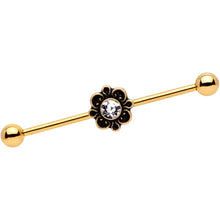 Load image into Gallery viewer, 14G Clear Gem Gold Tone Flower Industrial Barbell 38mm