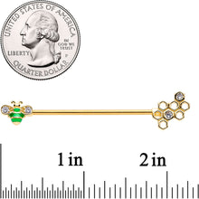 Load image into Gallery viewer, 14G Clear Gem Gold Tone Green Bee Industrial Barbell 38mm