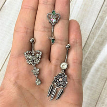 Load image into Gallery viewer, Clear Gem Lacy Butterfly Flower Drop Dangle Belly Ring