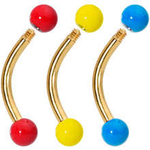Load image into Gallery viewer, 16G 5/16 Red Yellow Blue Glow Gold Tone Curved Barbell Set of 3