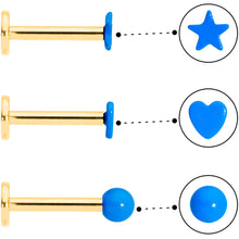 Load image into Gallery viewer, 16G 5/16 Gold Tone Blue Glow Star Heart Labret Set of 3