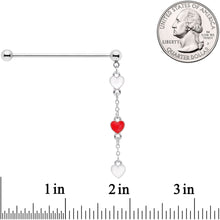 Load image into Gallery viewer, 14G Red White Hearts Dangle Industrial Barbell 38mm