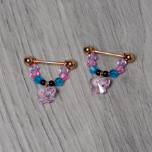 Load image into Gallery viewer, 14G Pink Gem Rose Gold Tone Butterfly Dangle Nipple Ring Set