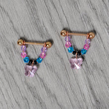 Load image into Gallery viewer, 14G Pink Gem Rose Gold Tone Butterfly Dangle Nipple Ring Set