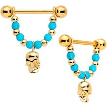 Load image into Gallery viewer, 14G 5/8 Faux Turquoise Gold Tone Skull Dangle Nipple Ring Set