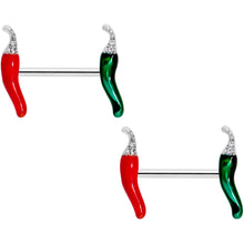 Load image into Gallery viewer, 14G 5/8 Clear Gem Red Green Pepper Barbell Nipple Ring Set