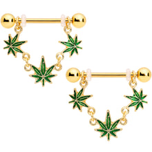 Load image into Gallery viewer, 14G 3/4 Green Gold Tone Weed Pot Leaf Dangle Nipple Ring Set