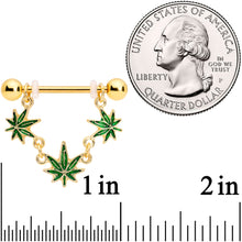 Load image into Gallery viewer, 14G 3/4 Green Gold Tone Weed Pot Leaf Dangle Nipple Ring Set