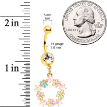 Load image into Gallery viewer, Clear Gem Gold Tone Pink Blue Green Flower Dangle Belly Ring