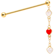 Load image into Gallery viewer, 14G Red White Gold Tone Hearts Dangle Industrial Barbell 38mm