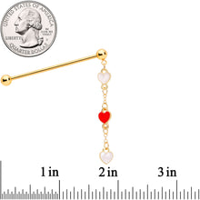 Load image into Gallery viewer, 14G Red White Gold Tone Hearts Dangle Industrial Barbell 38mm