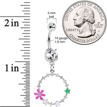 Load image into Gallery viewer, Clear CZ Gem Green Pink Faux Opal Loop Flower Dangle Belly Ring