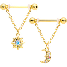 Load image into Gallery viewer, 14G 5/8 Aurora Gem Gold Tone Sun Moon Dangle Nipple Ring Set