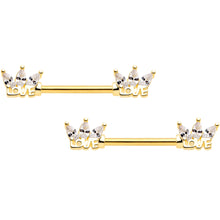 Load image into Gallery viewer, 14G 9/16 Clear Gem Gold Tone Crown of Love Barbell Nipple Ring Set