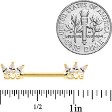 Load image into Gallery viewer, 14G 9/16 Clear Gem Gold Tone Crown of Love Barbell Nipple Ring Set