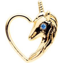 Load image into Gallery viewer, 18G 5/16 Aqua Gem Gold Tone Unicorn Left Heart Closure Ring