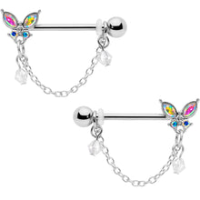Load image into Gallery viewer, 14G 5/8 Aurora Gem Butterfly Dangle Nipple Ring Set