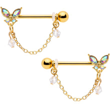 Load image into Gallery viewer, 14G 5/8 Aurora Gem Gold Tone Butterfly Dangle Nipple Ring Set