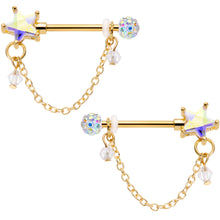 Load image into Gallery viewer, 14G 5/8 Aurora Gem Gold Tone Star Chain Dangle Nipple Ring Set