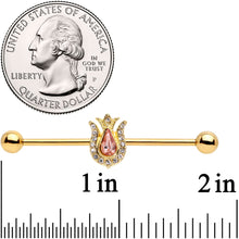 Load image into Gallery viewer, 14G Pink Clear Gem Gold Tone Tulip Flower Industrial Barbell 38mm