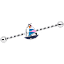 Load image into Gallery viewer, 14G Black Gem Pink Teal Nautical Sailboat Industrial Barbell 38mm