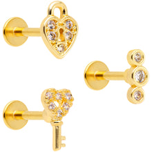 Load image into Gallery viewer, 16G 5/16 Clear Gem Gold Tone Lock Key Labret Tragus Set of 3