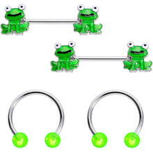 Load image into Gallery viewer, 14G 9/16 Green Frog UV Horseshoe Barbell Nipple Ring Set of 4