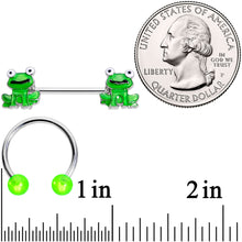 Load image into Gallery viewer, 14G 9/16 Green Frog UV Horseshoe Barbell Nipple Ring Set of 4