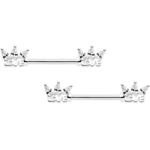 Load image into Gallery viewer, 14G 9/16 Clear Gem Crown of Love Barbell Nipple Ring Set