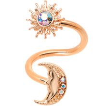 Load image into Gallery viewer, 14G 7/16 Aurora Gem Rose Gold Tone Moon Spiral Twister Belly Ring