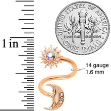 Load image into Gallery viewer, 14G 7/16 Aurora Gem Rose Gold Tone Moon Spiral Twister Belly Ring