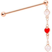 Load image into Gallery viewer, 14G Red White Rose Gold Tone Hearts Dangle Industrial Barbell 38mm