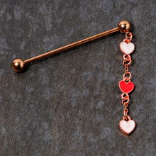 Load image into Gallery viewer, 14G Red White Rose Gold Tone Hearts Dangle Industrial Barbell 38mm