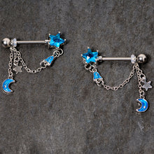 Load image into Gallery viewer, 14G 5/8 Blue Gem Rocket Star Moon Dangle Barbell Nipple Ring Set