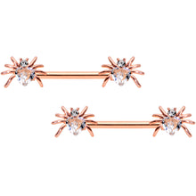 Load image into Gallery viewer, 14G 9/16 Clear Gem Rose Gold Tone Heart Spider Nipple Ring Set