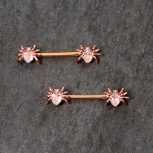 Load image into Gallery viewer, 14G 9/16 Clear Gem Rose Gold Tone Heart Spider Nipple Ring Set