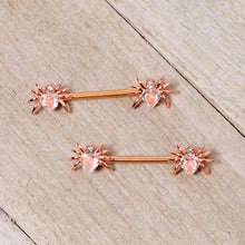 Load image into Gallery viewer, 14G 9/16 Clear Gem Rose Gold Tone Heart Spider Nipple Ring Set