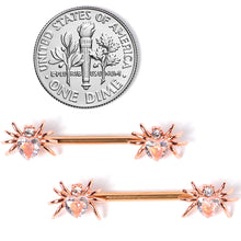 Load image into Gallery viewer, 14G 9/16 Clear Gem Rose Gold Tone Heart Spider Nipple Ring Set