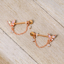 Load image into Gallery viewer, 14G 5/8 Aurora Gem Rose Gold Tone Butterfly Dangle Nipple Ring Set