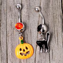 Load image into Gallery viewer, Black Red Gem Pumpkin Cat Halloween Dangle Belly Ring Set of 2
