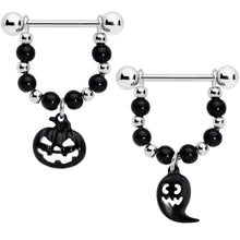 Load image into Gallery viewer, 14G 5/8 Black Pumpkin Ghost Halloween Dangle Nipple Ring Set