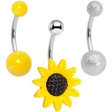 Load image into Gallery viewer, Sandblasted and Yellow UV Glow Sunflower Belly Ring Set of 3