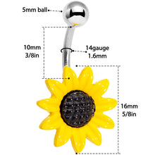 Load image into Gallery viewer, Sandblasted and Yellow UV Glow Sunflower Belly Ring Set of 3